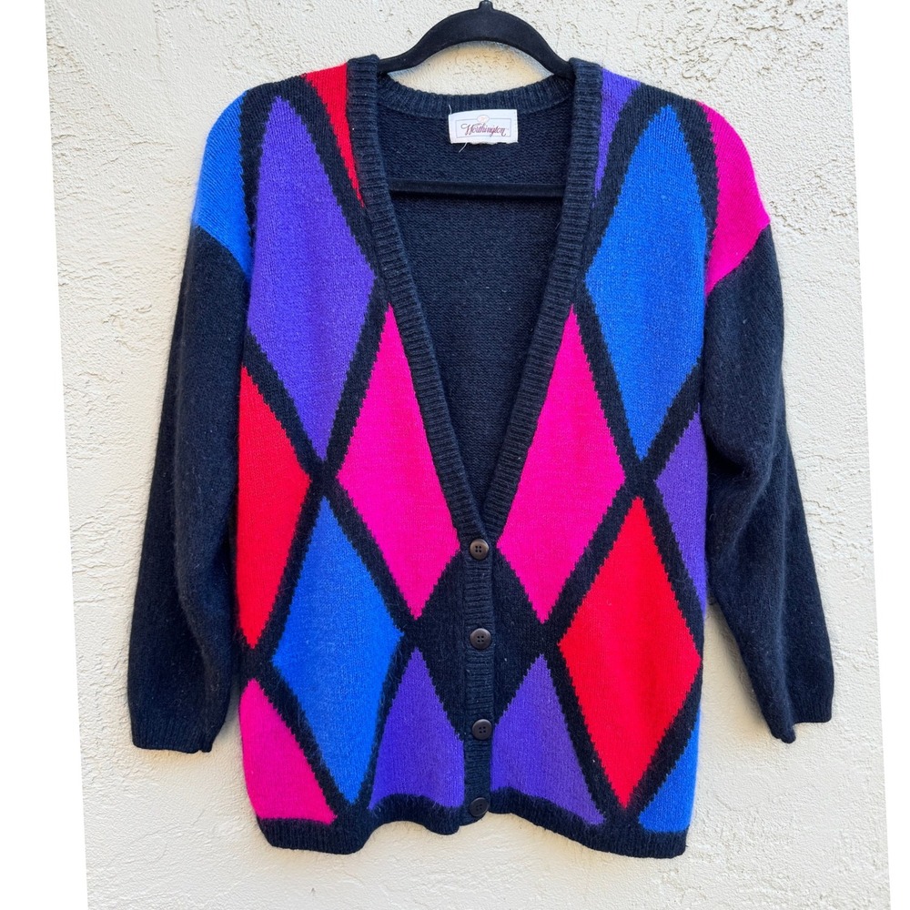 Vintage Worthington Black Multicolor Buttons Argyle Cardigan MEDIUM Retro Preppy